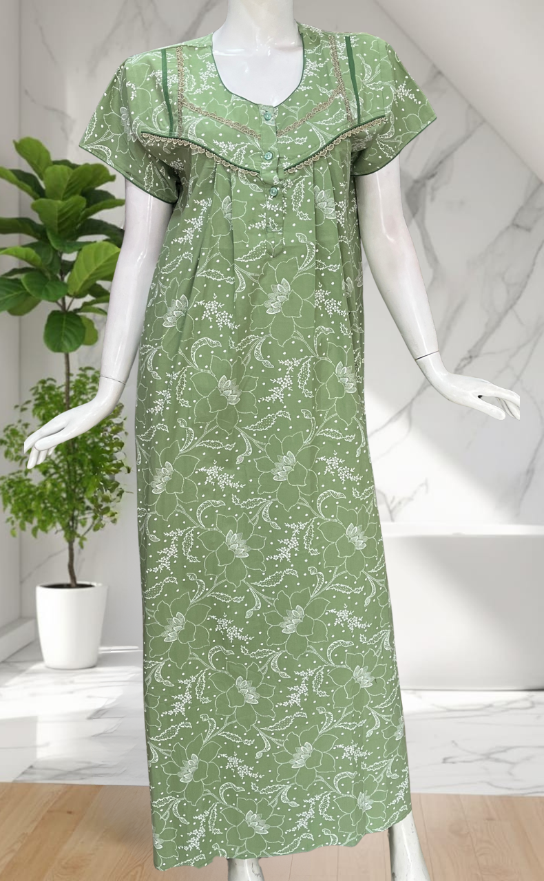 Green Garden Pure Cotton Nighty. Pure Durable Cotton | Laces and Frills