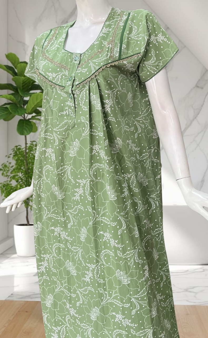 Green Garden Pure Cotton Nighty. Pure Durable Cotton | Laces and Frills
