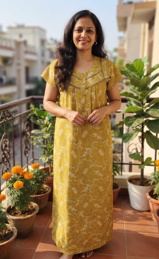 Yellow Garden Pure Cotton Nighty. Pure Durable Cotton | Laces and Frills - Laces and Frills