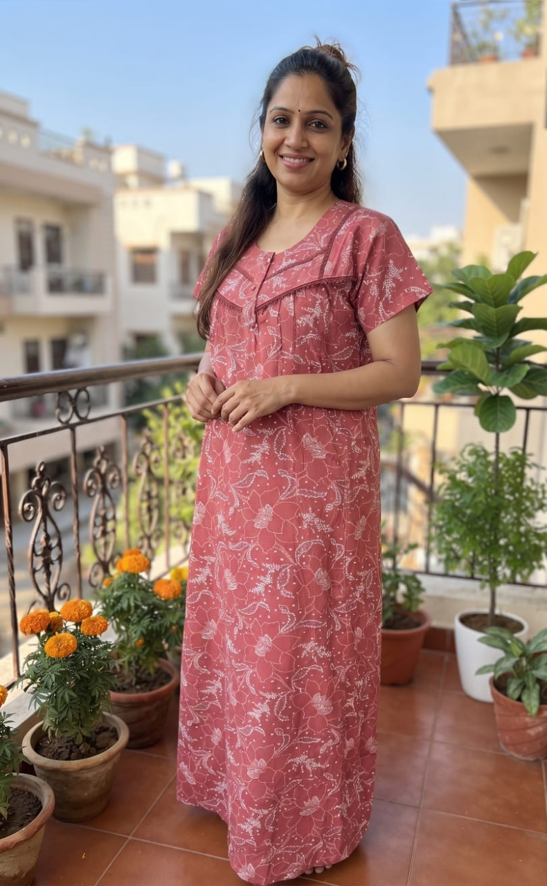 Peach/Pink Garden Pure Cotton Nighty. Pure Durable Cotton | Laces and Frills