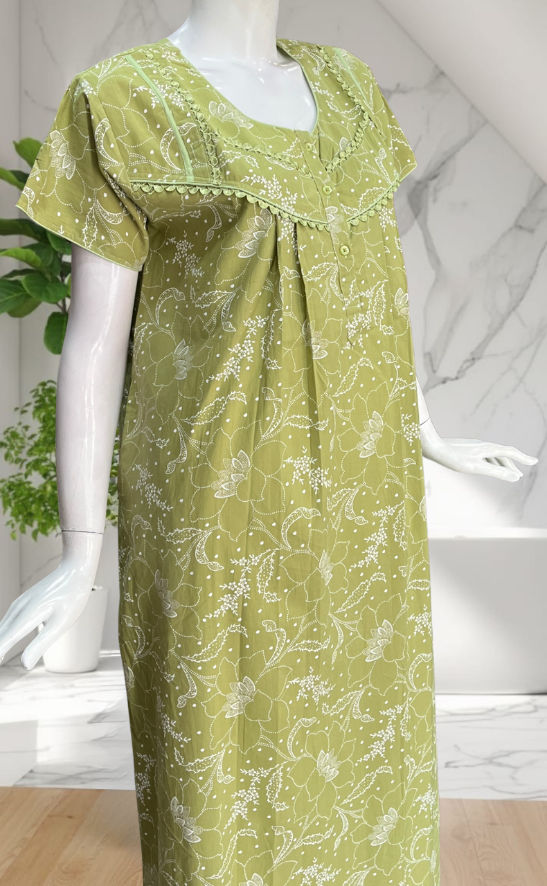 Pista Green Garden Pure Cotton Nighty. Pure Durable Cotton | Laces and Frills