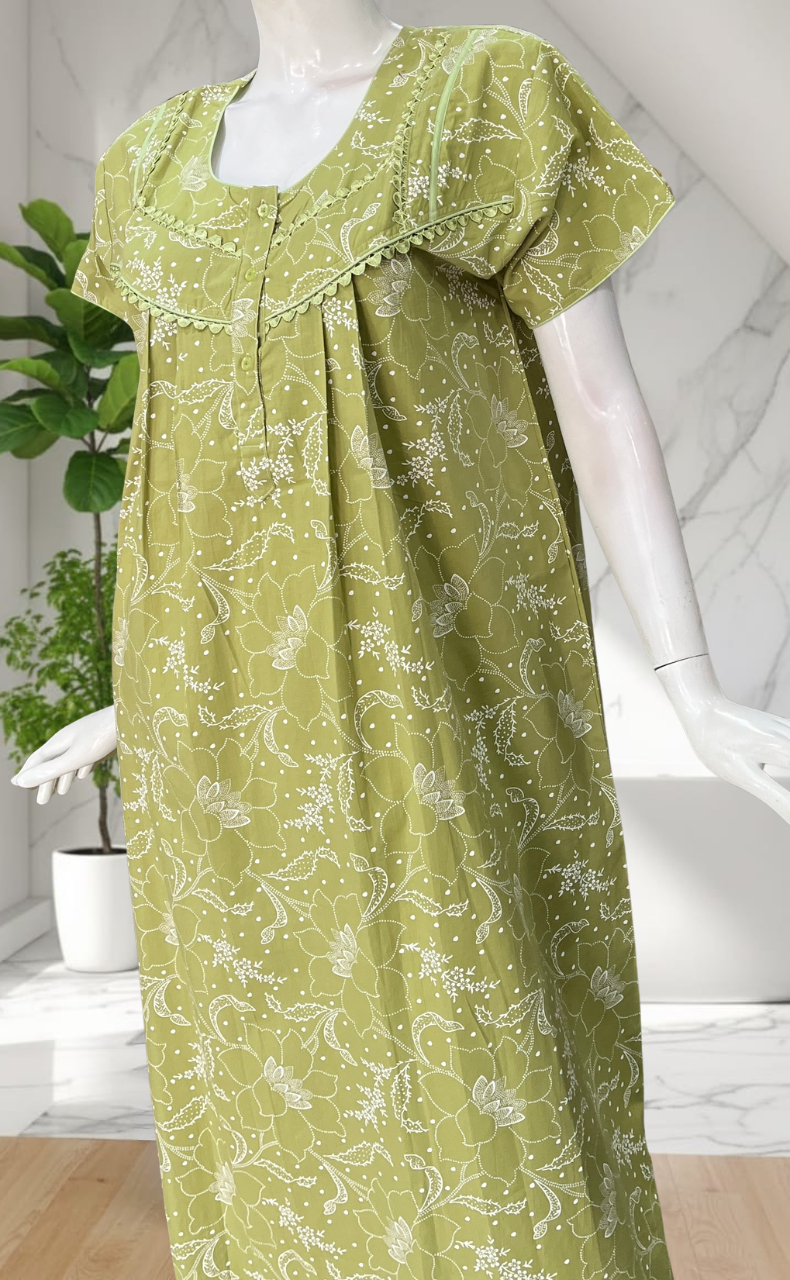 Pista Green Garden Pure Cotton Nighty. Pure Durable Cotton | Laces and Frills
