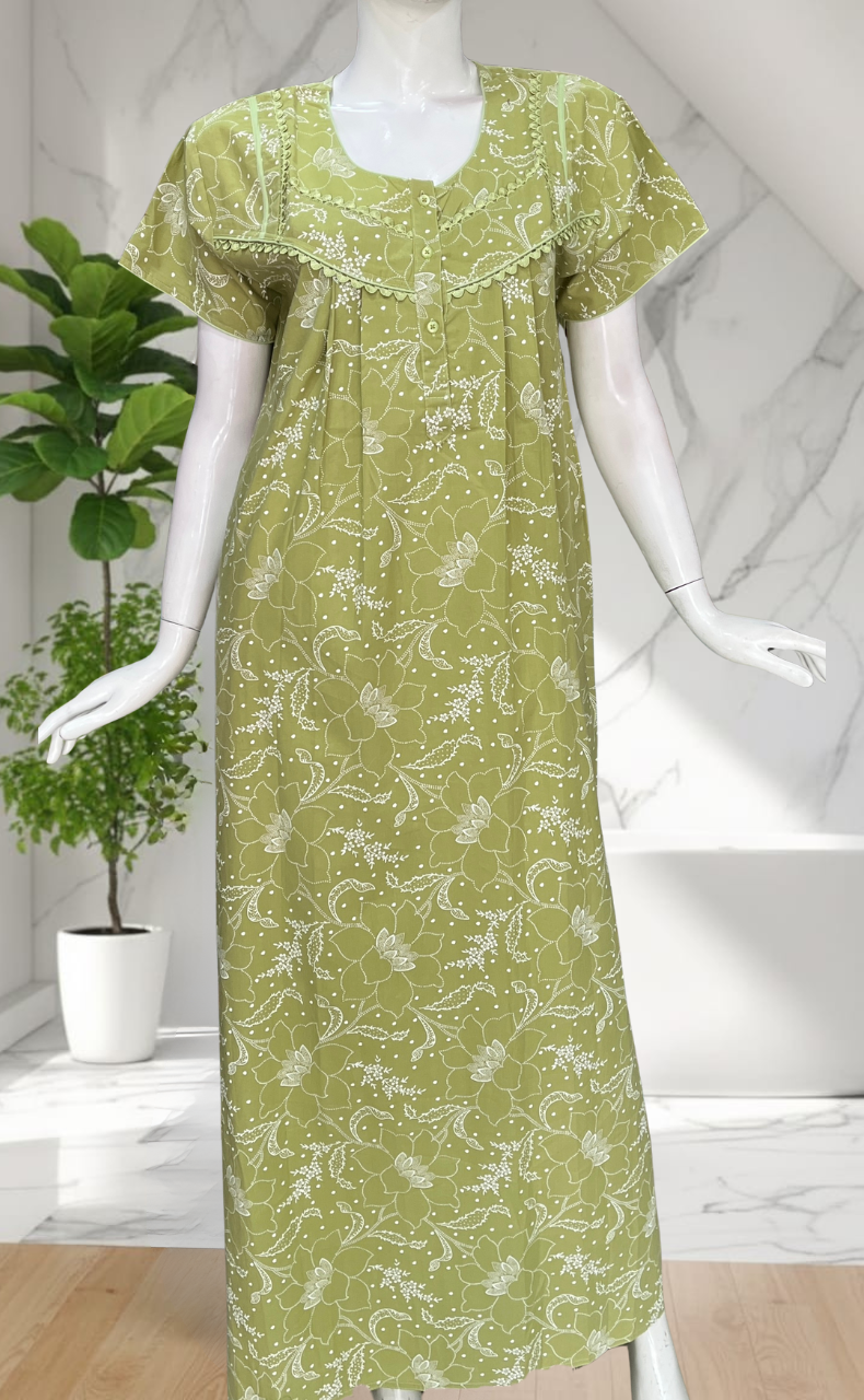 Pista Green Garden Pure Cotton Nighty. Pure Durable Cotton | Laces and Frills