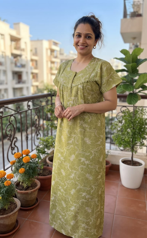 Pista Green Garden Pure Cotton Nighty. Pure Durable Cotton | Laces and Frills - Laces and Frills
