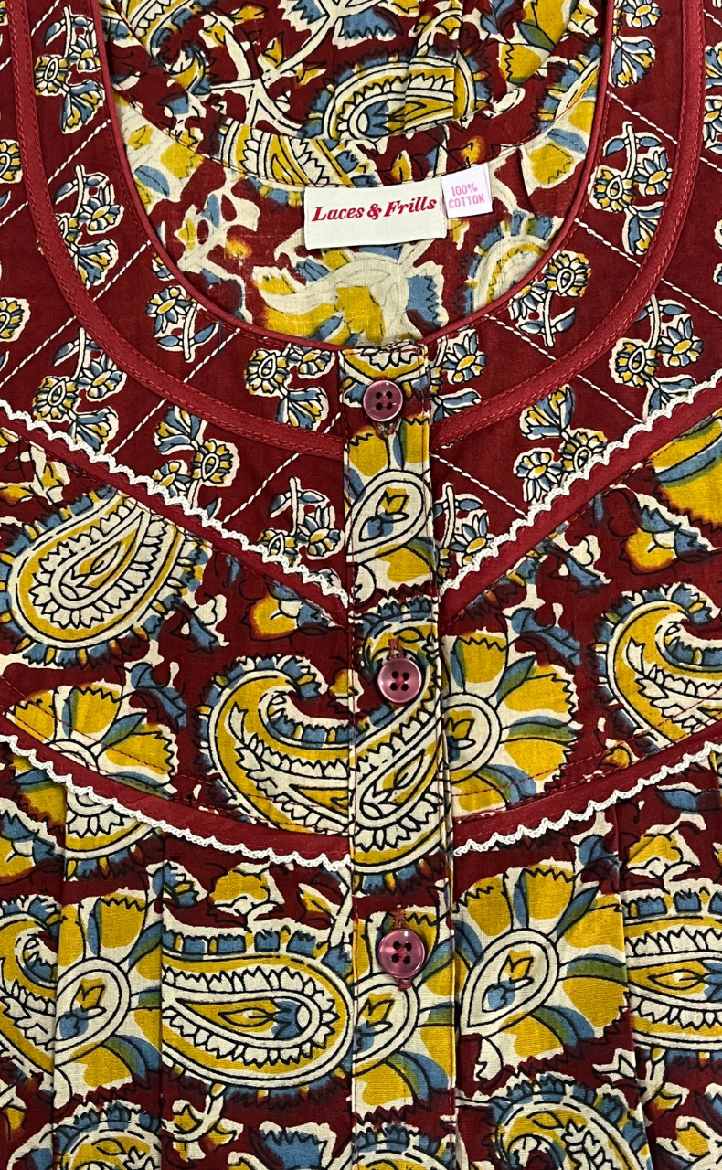 Maroon Paisley Print Pure Cotton Nighty. Pure Durable Cotton | Laces and Frills