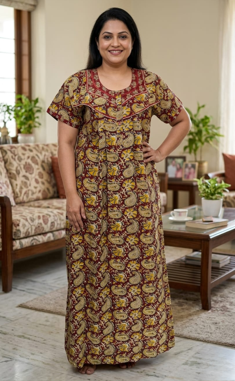 Maroon Paisley Print Pure Cotton Nighty. Pure Durable Cotton | Laces and Frills