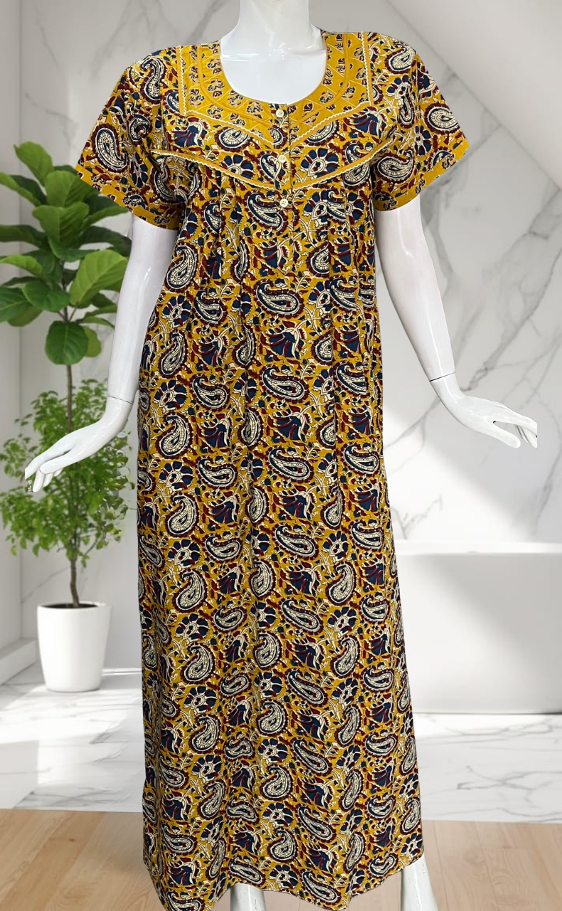Yellow Paisley Print Pure Cotton Nighty. Pure Durable Cotton | Laces and Frills