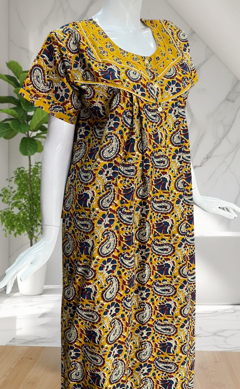 Yellow Paisley Print Pure Cotton Nighty. Pure Durable Cotton | Laces and Frills
