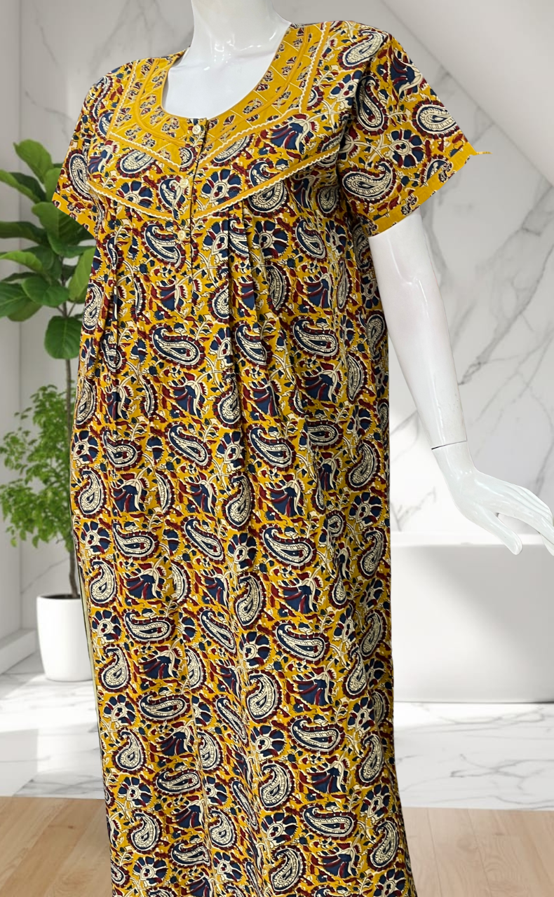 Yellow Paisley Print Pure Cotton Nighty. Pure Durable Cotton | Laces and Frills
