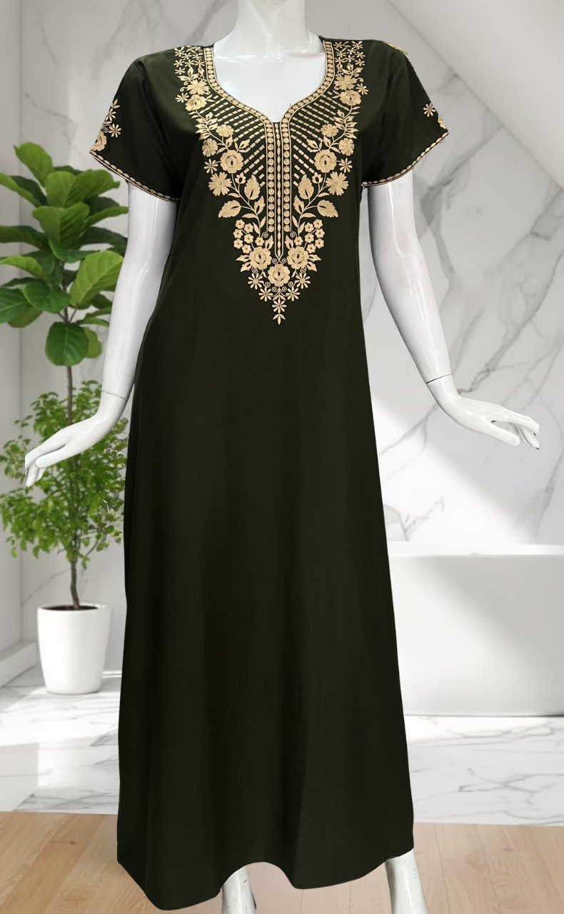 Olive Green Embroidery Soft Cotton Nighty. Soft Breathable Fabric | Laces and Frills