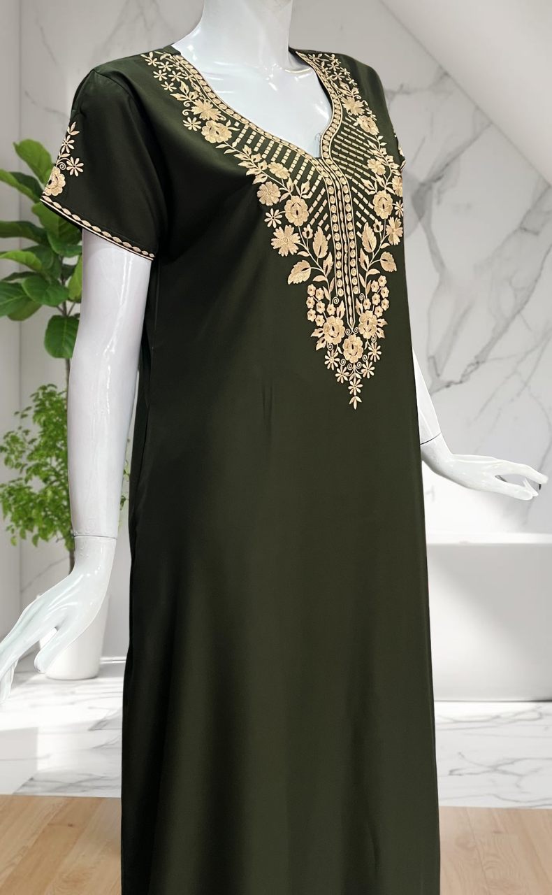 Olive Green Embroidery Soft Cotton Nighty. Soft Breathable Fabric | Laces and Frills