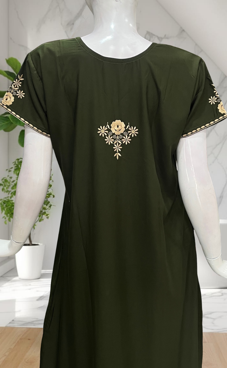 Olive Green Embroidery Soft Cotton Nighty. Soft Breathable Fabric | Laces and Frills