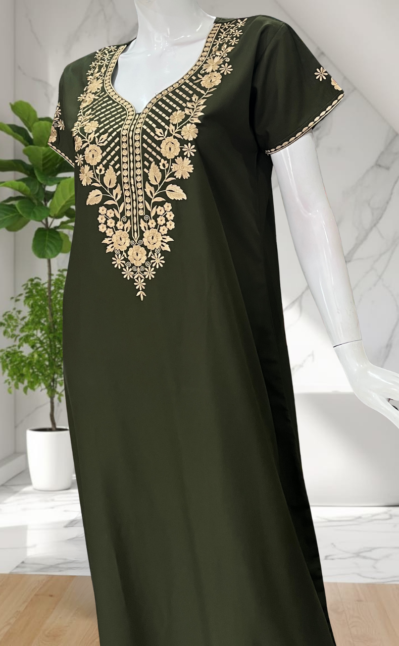 Olive Green Embroidery Soft Cotton Nighty. Soft Breathable Fabric | Laces and Frills