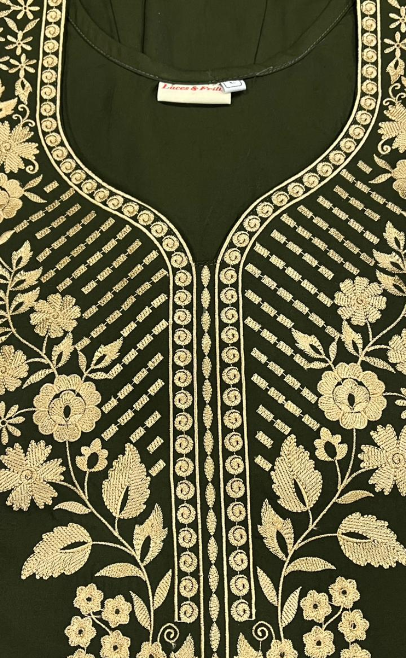 Olive Green Embroidery Soft Cotton Nighty. Soft Breathable Fabric | Laces and Frills