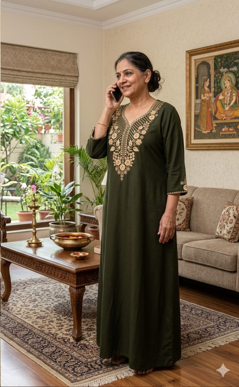 Olive Green Embroidery Soft Cotton Long Sleeves Nighty. Soft Breathable Fabric | Laces and Frills - Laces and Frills