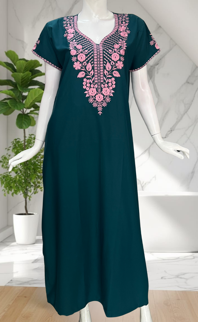 Teal Green Embroidery Soft Cotton Nighty. Soft Breathable Fabric | Laces and Frills