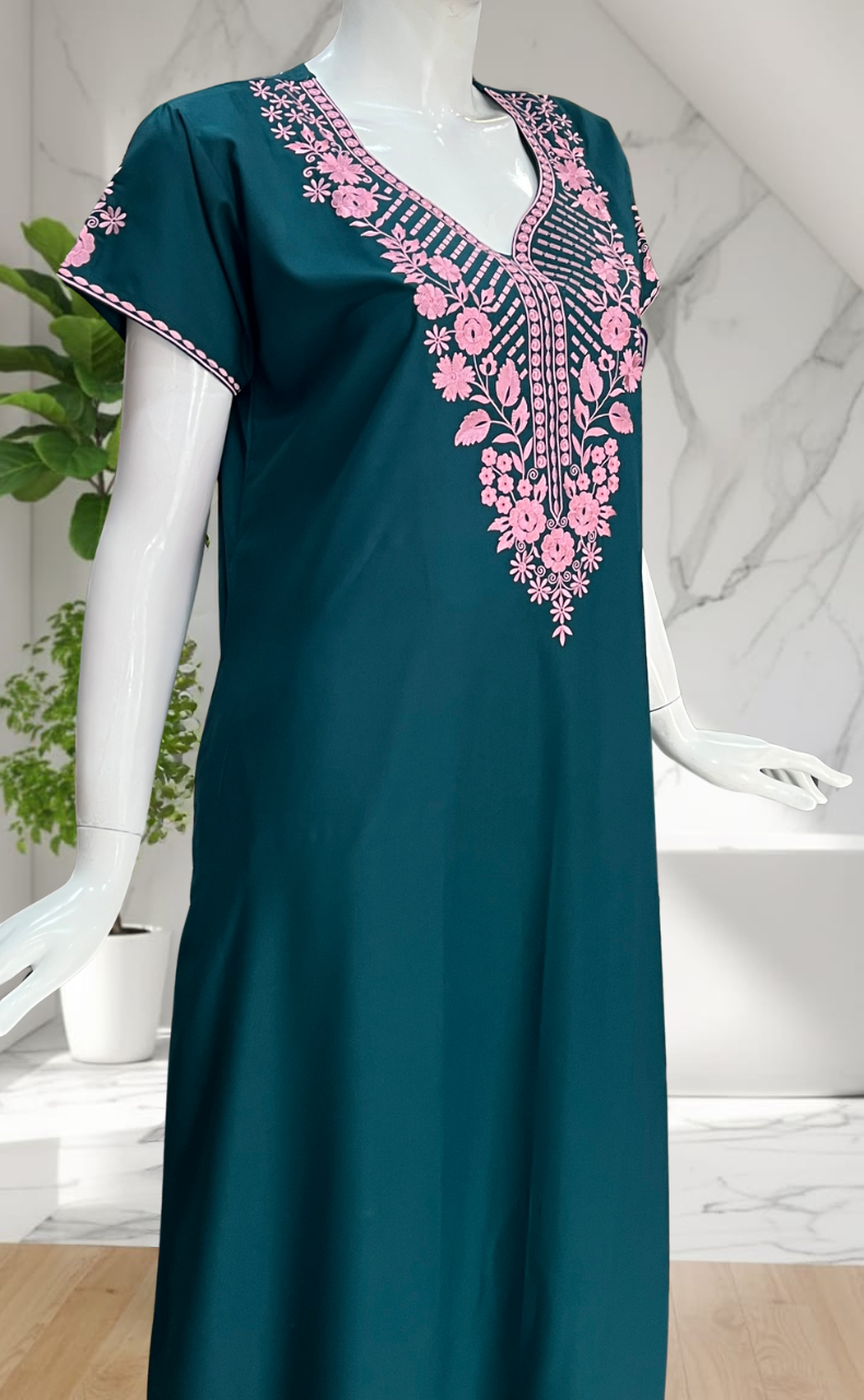 Teal Green Embroidery Soft Cotton Nighty. Soft Breathable Fabric | Laces and Frills