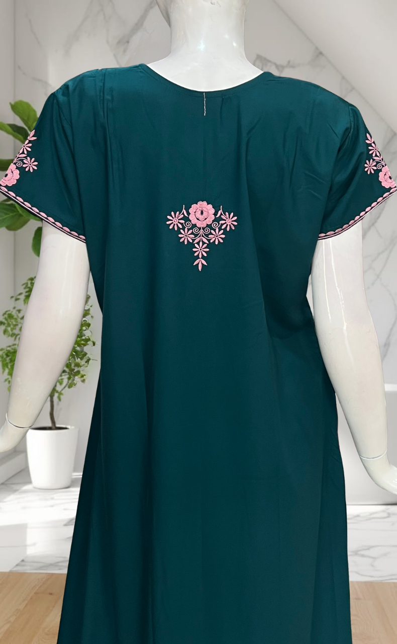 Teal Green Embroidery Soft Cotton Nighty. Soft Breathable Fabric | Laces and Frills