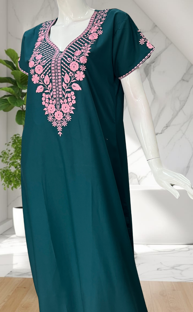 Teal Green Embroidery Soft Cotton Nighty. Soft Breathable Fabric | Laces and Frills