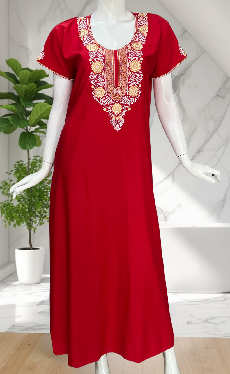 Red Embroidery Soft Cotton Nighty. Soft Breathable Fabric | Laces and Frills