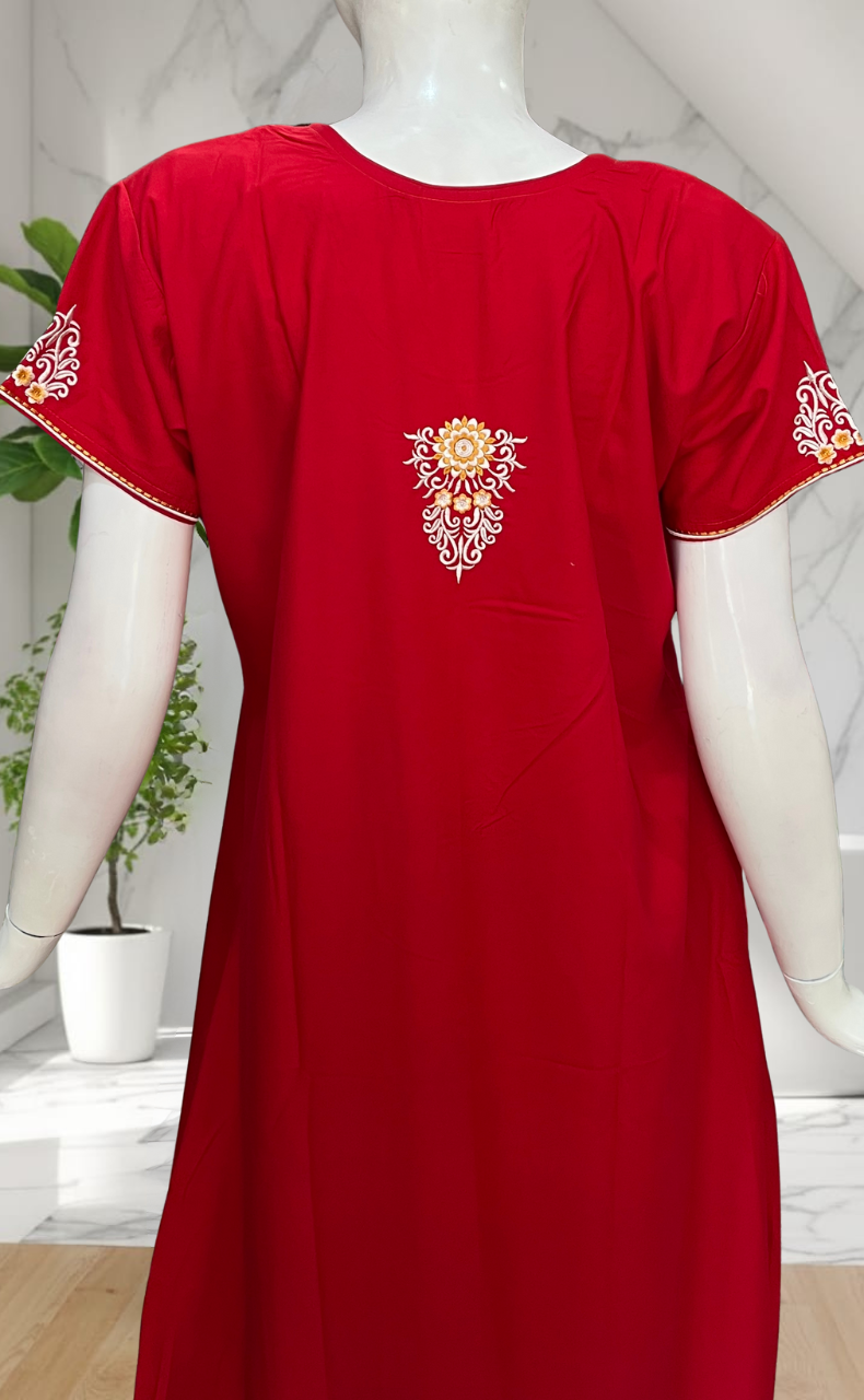 Red Embroidery Soft Cotton Nighty. Soft Breathable Fabric | Laces and Frills