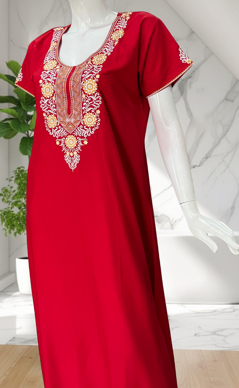 Red Embroidery Soft Cotton Nighty. Soft Breathable Fabric | Laces and Frills
