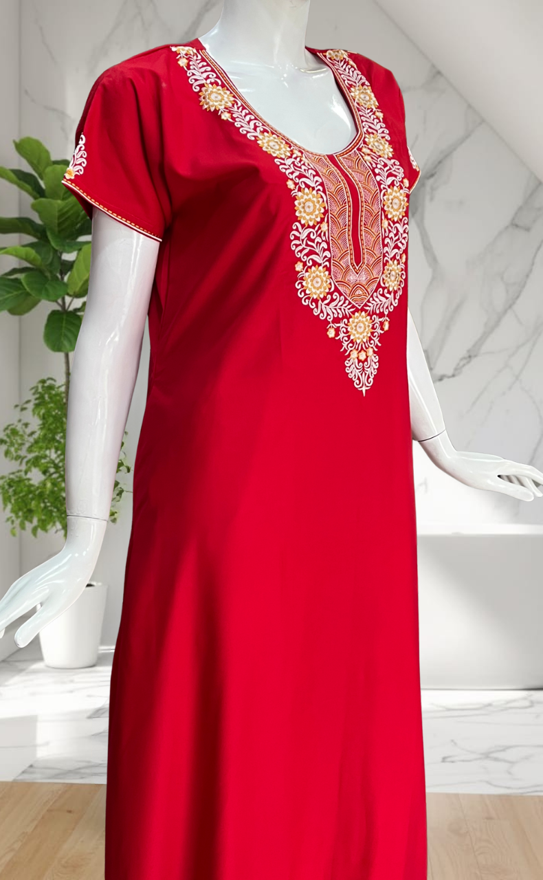 Red Embroidery Soft Cotton Nighty. Soft Breathable Fabric | Laces and Frills