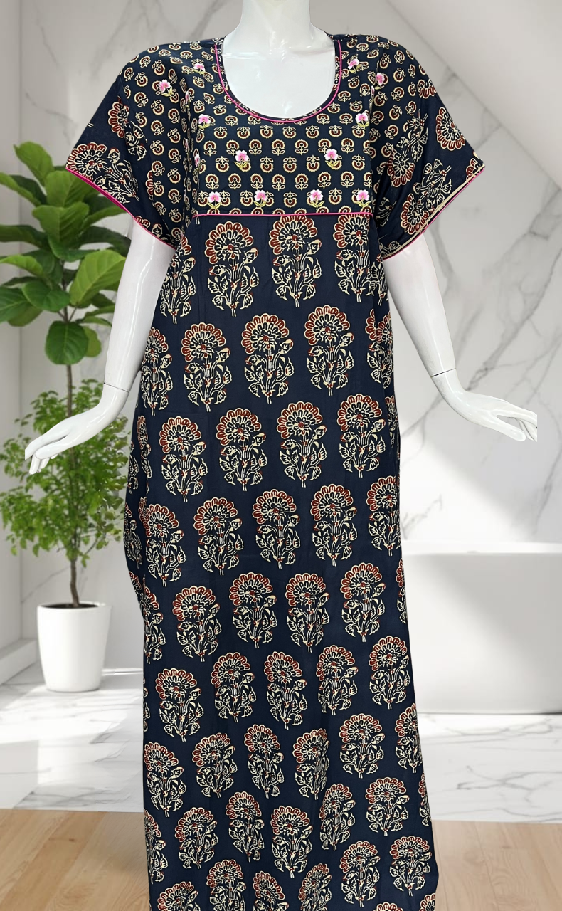 Blue Floral Pure Cotton Nighty. Pure Durable Cotton | Laces and Frills