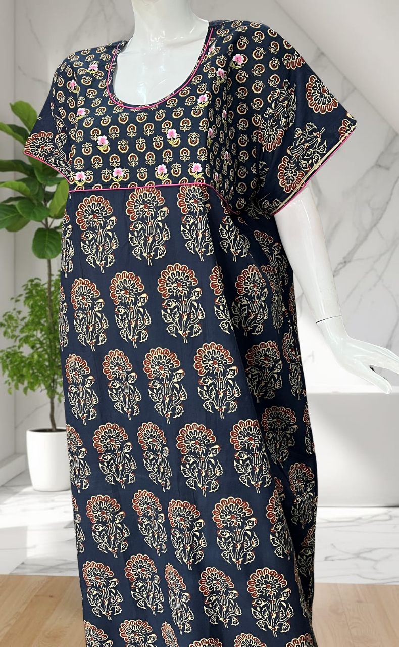 Blue Floral Pure Cotton Nighty. Pure Durable Cotton | Laces and Frills