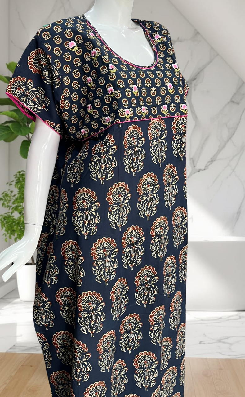 Blue Floral Pure Cotton Nighty. Pure Durable Cotton | Laces and Frills