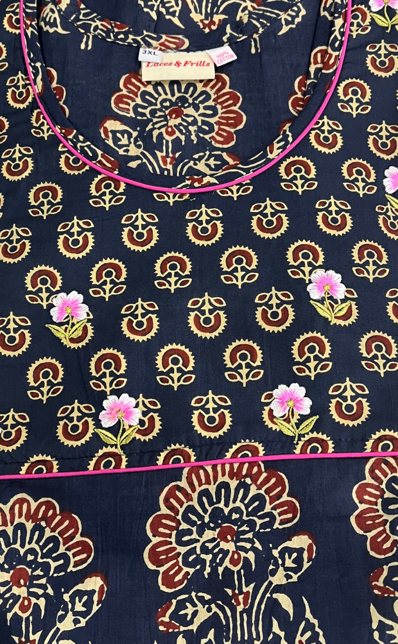 Blue Floral Pure Cotton Nighty. Pure Durable Cotton | Laces and Frills