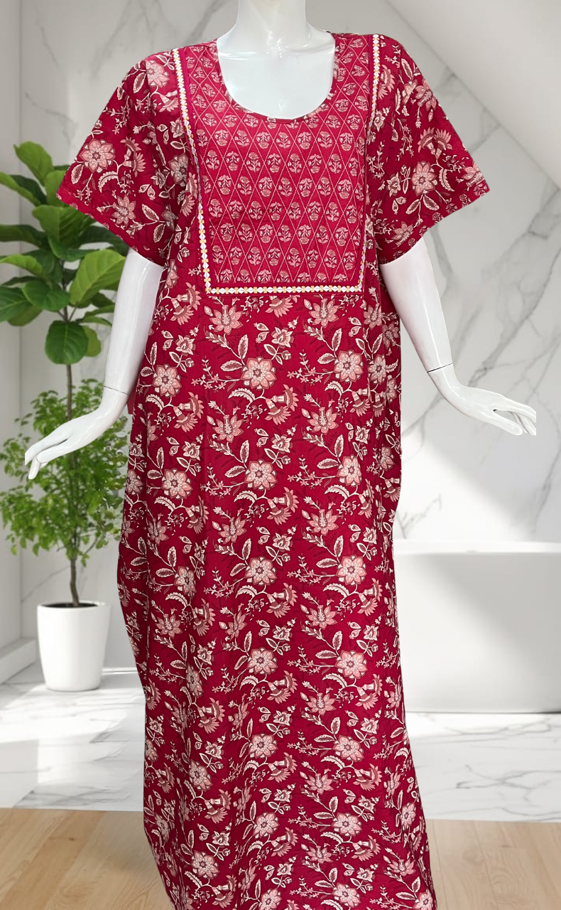 Pink Floral Pure Cotton Nighty. Pure Durable Cotton | Laces and Frills