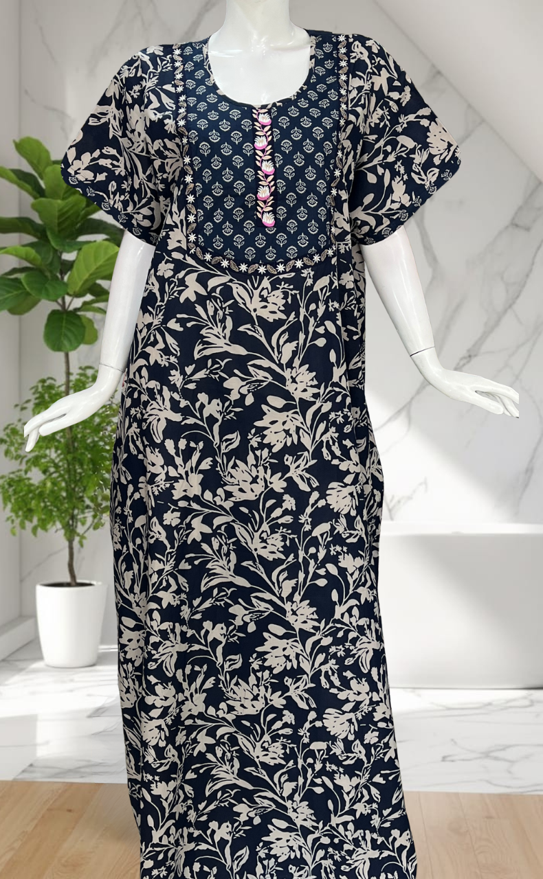 Navy Blue Floral Pure Cotton Nighty. Pure Durable Cotton | Laces and Frills