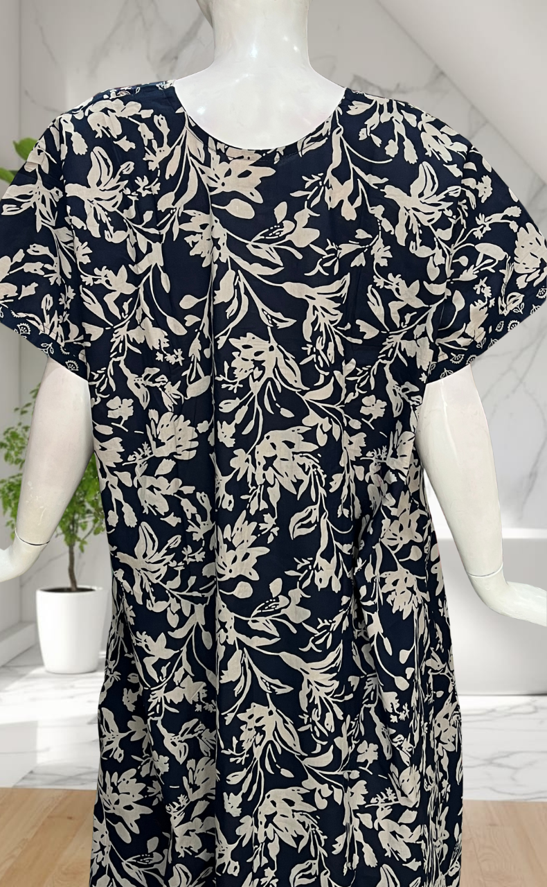 Navy Blue Floral Pure Cotton Nighty. Pure Durable Cotton | Laces and Frills