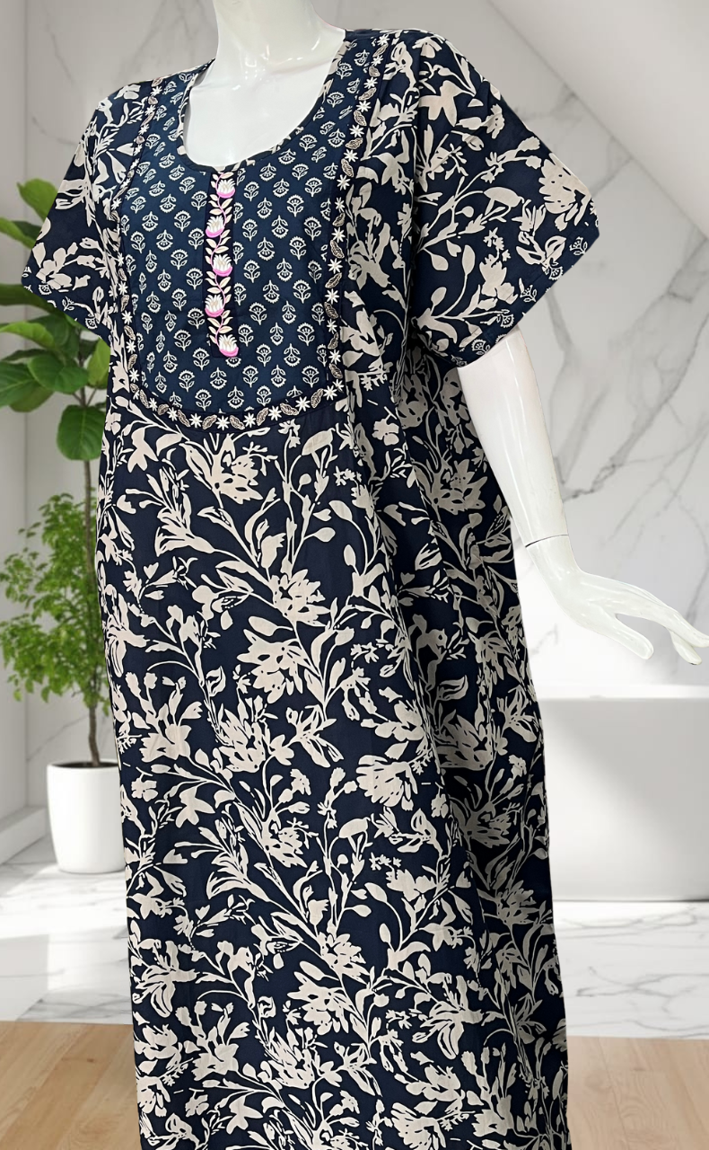Navy Blue Floral Pure Cotton Nighty. Pure Durable Cotton | Laces and Frills