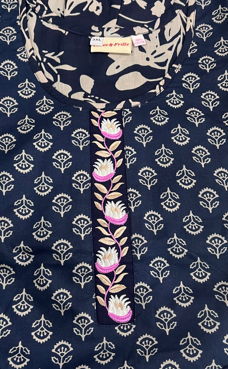 Navy Blue Floral Pure Cotton Nighty. Pure Durable Cotton | Laces and Frills