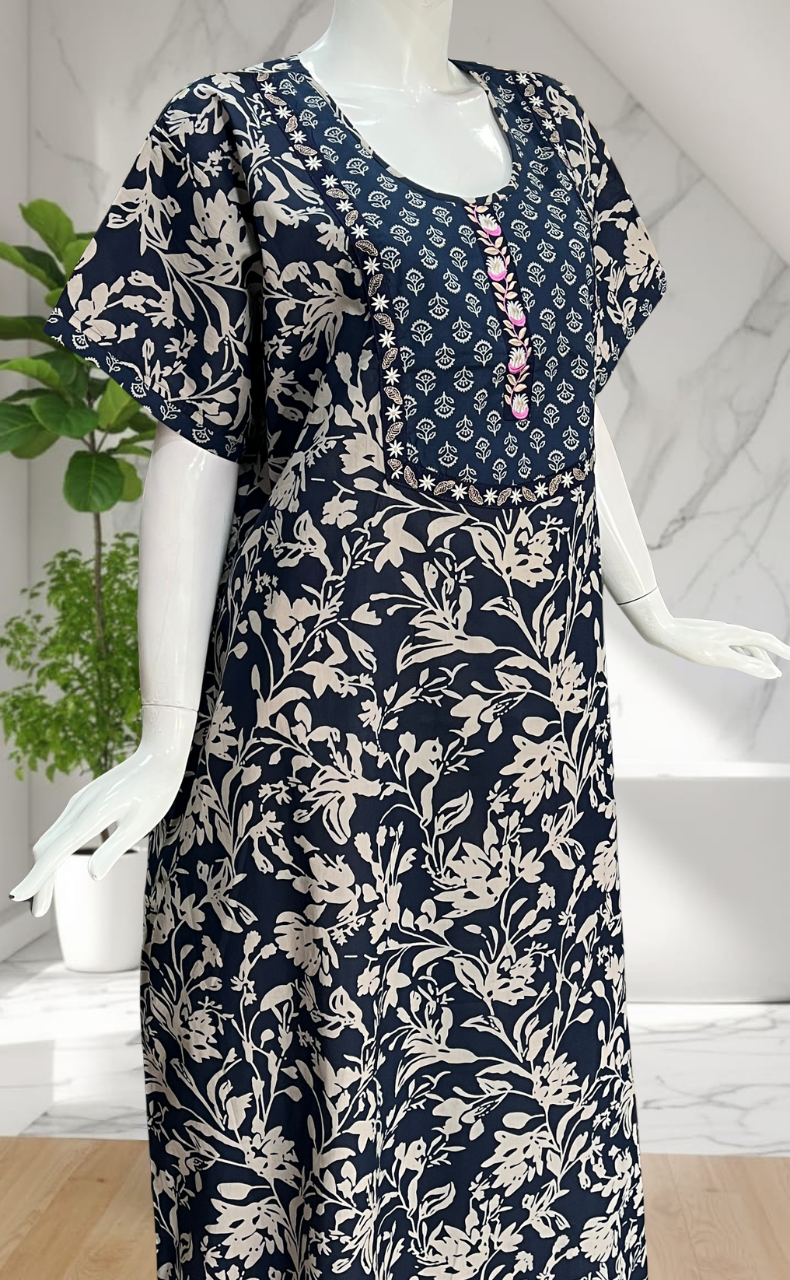 Navy Blue Floral Pure Cotton Nighty. Pure Durable Cotton | Laces and Frills