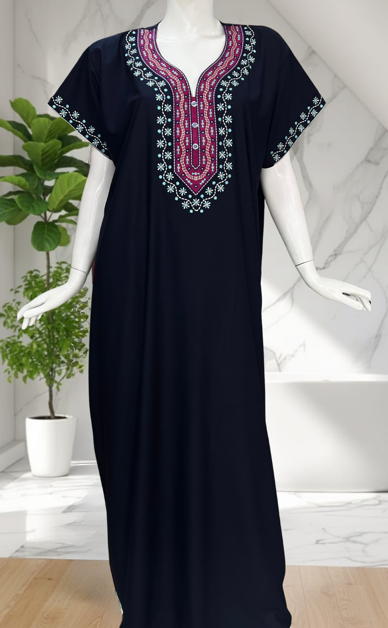 Navy Blue Embroidery Soft Cotton Nighty. Soft Breathable Fabric | Laces and Frills