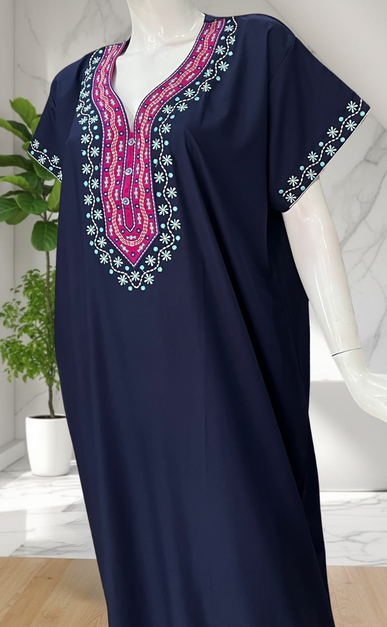 Navy Blue Embroidery Soft Cotton Nighty. Soft Breathable Fabric | Laces and Frills
