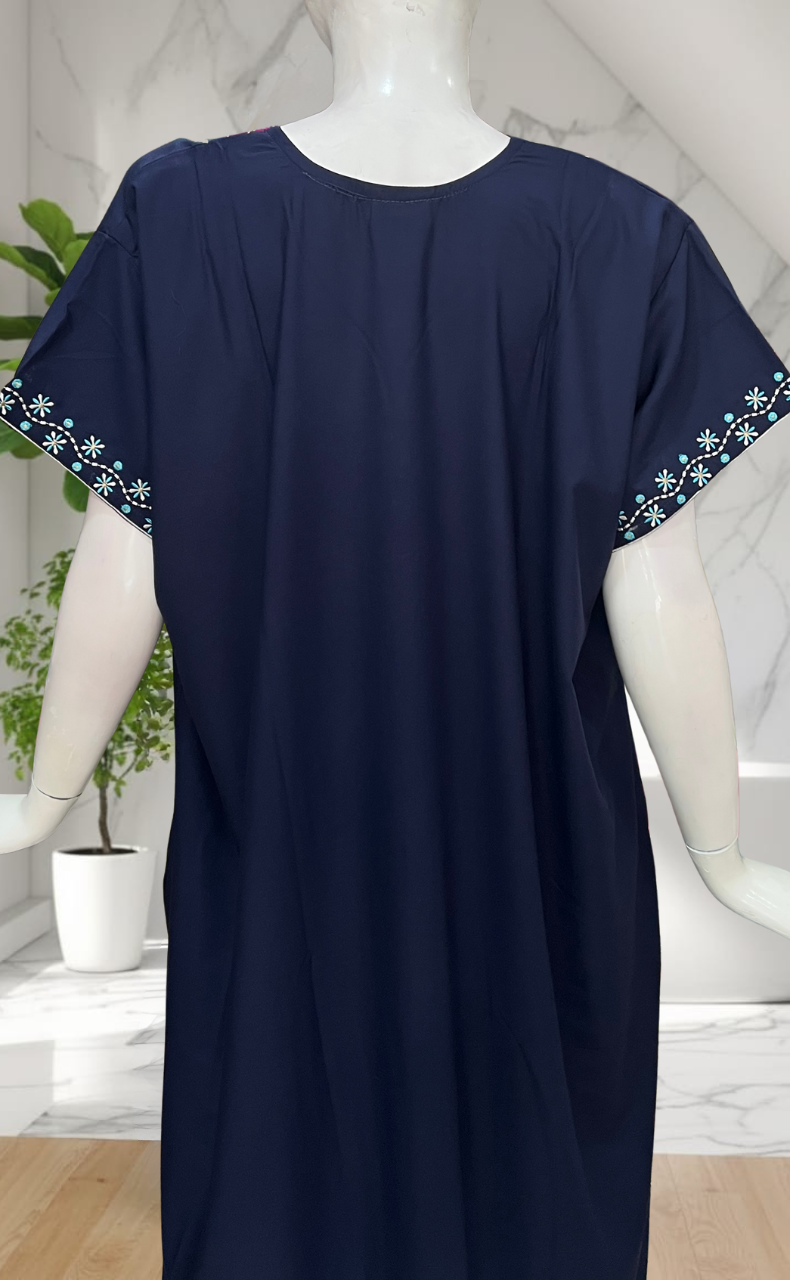 Navy Blue Embroidery Soft Cotton Nighty. Soft Breathable Fabric | Laces and Frills