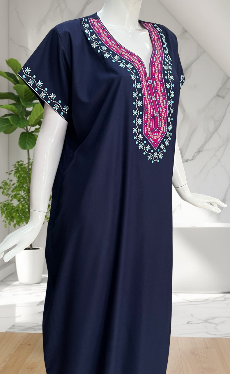 Navy Blue Embroidery Soft Cotton Nighty. Soft Breathable Fabric | Laces and Frills