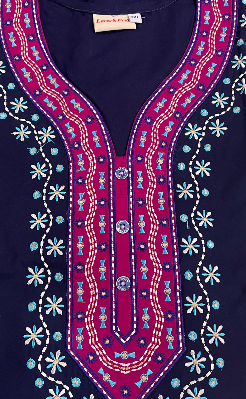 Navy Blue Embroidery Soft Cotton Nighty. Soft Breathable Fabric | Laces and Frills