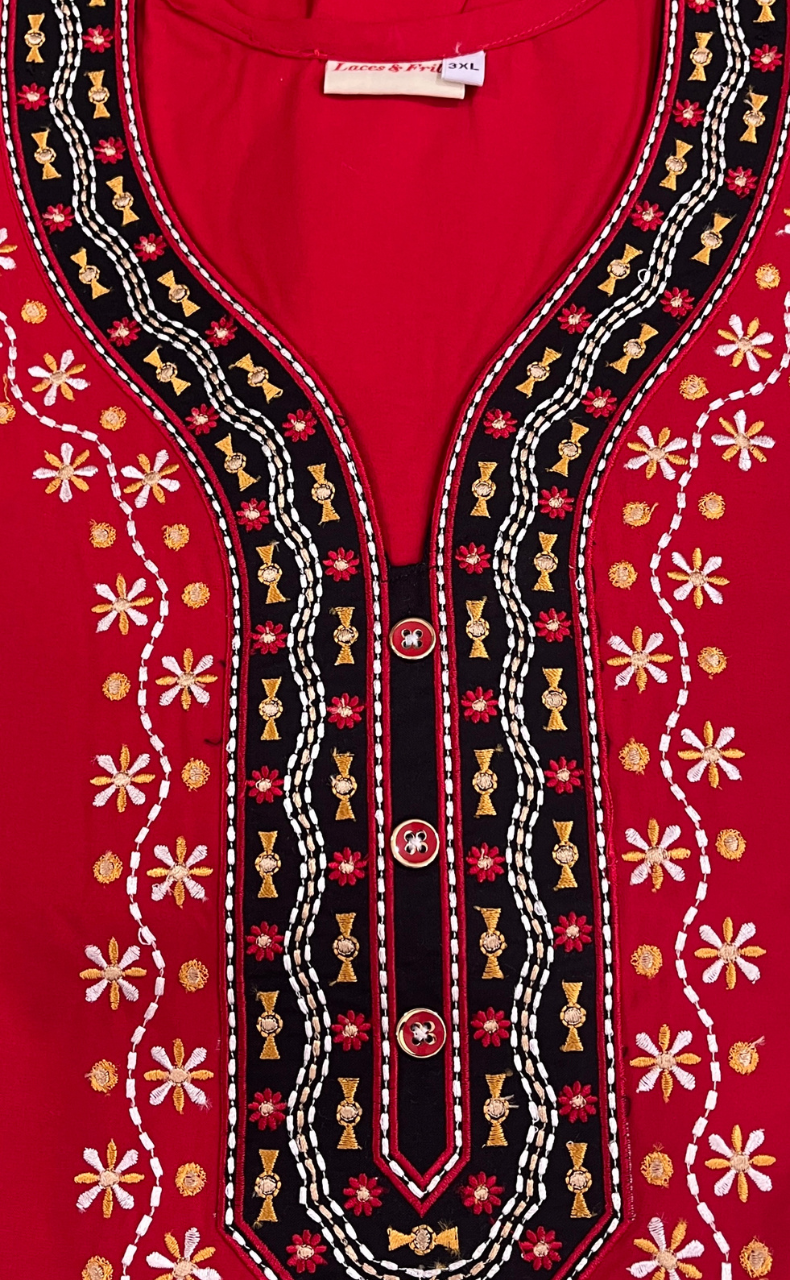Red Embroidery Soft Cotton Nighty. Soft Breathable Fabric | Laces and Frills