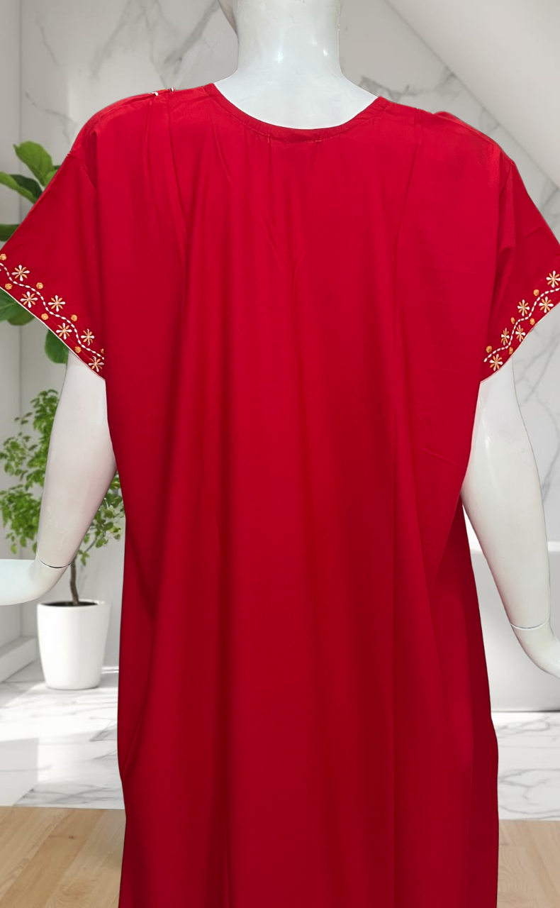 Red Embroidery Soft Cotton Nighty. Soft Breathable Fabric | Laces and Frills