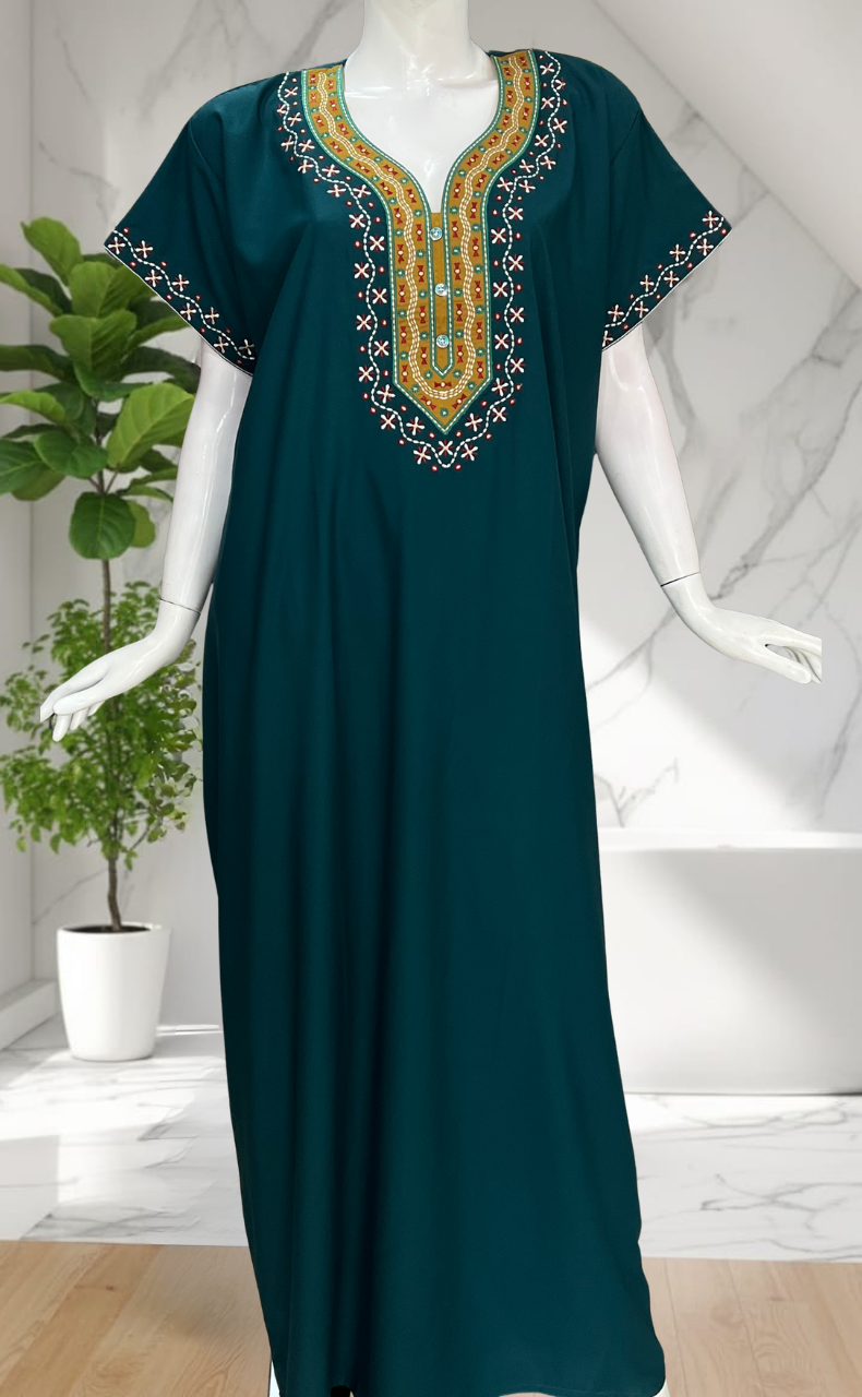 Teal Green Embroidery Soft Cotton Nighty. Soft Breathable Fabric | Laces and Frills