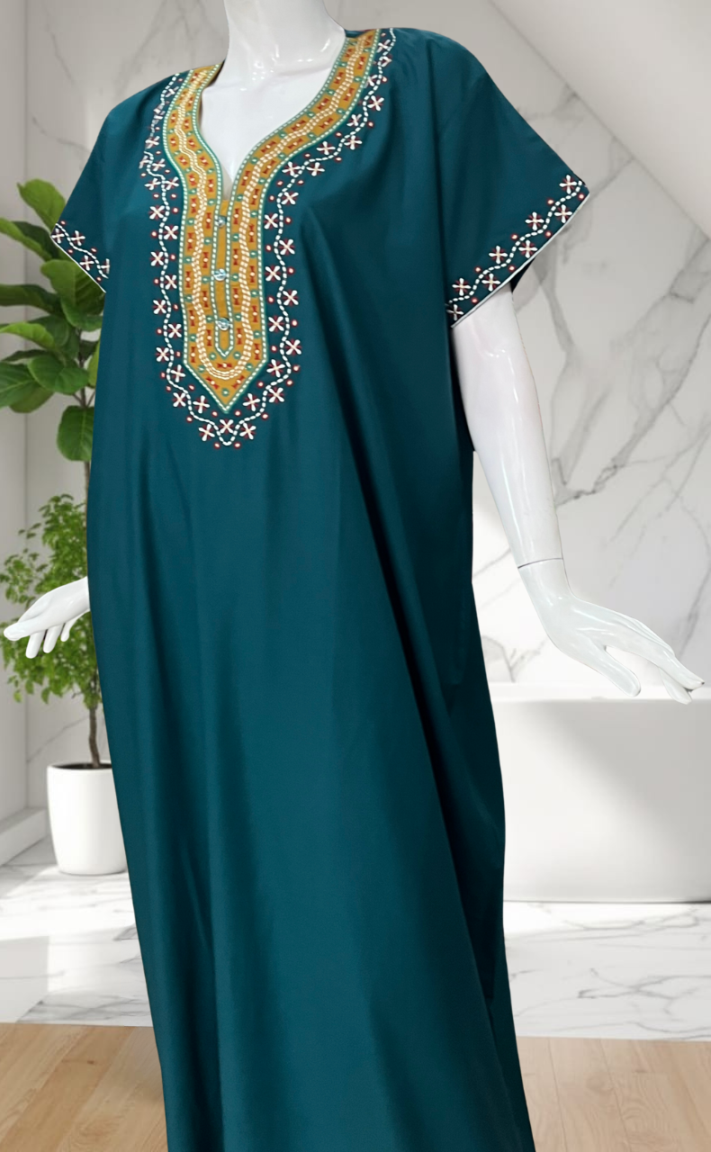 Teal Green Embroidery Soft Cotton Nighty. Soft Breathable Fabric | Laces and Frills