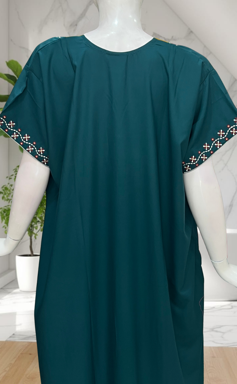 Teal Green Embroidery Soft Cotton Nighty. Soft Breathable Fabric | Laces and Frills