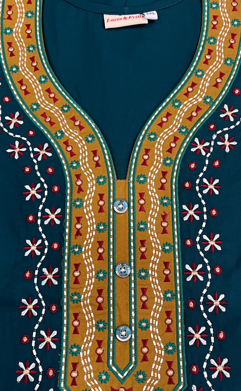 Teal Green Embroidery Soft Cotton Nighty. Soft Breathable Fabric | Laces and Frills