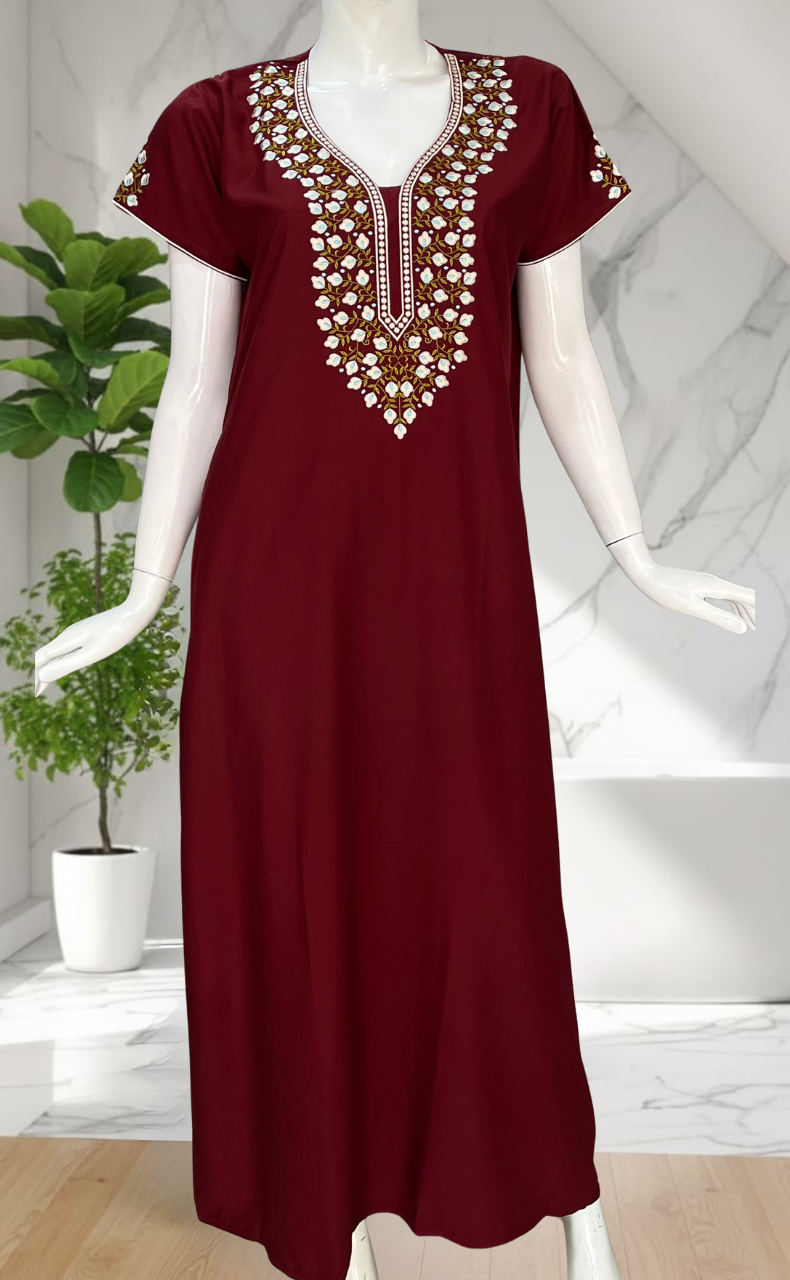 Maroon Embroidery Soft Cotton Nighty. Soft Breathable Fabric | Laces and Frills