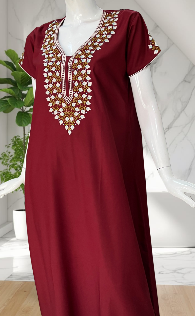 Maroon Embroidery Soft Cotton Nighty. Soft Breathable Fabric | Laces and Frills